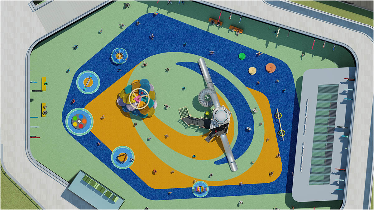 Equipos de entretenimiento comerciales sin motor instalados en un parque concurrido