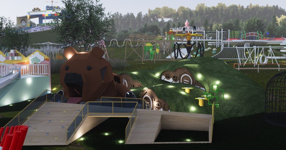 Proyecto de parque infantil tem&aacute;tico: entrada a la cueva de los osos, laberinto con techo cubierto de hierba y caba&ntilde;a de juegos tem&aacute;tica al anochecer (representaci&oacute;n del dise&ntilde;o)