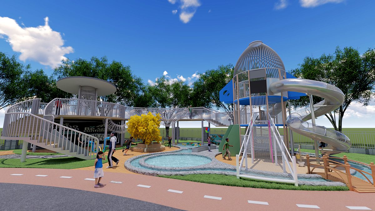 Parque de juegos personalizado sin electricidad, dise&ntilde;o completo con tobog&aacute;n en espiral y pasarela elevada