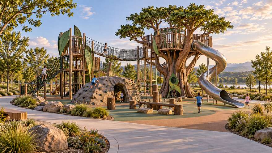 Concepto de parque infantil h&iacute;brido personalizado y modular