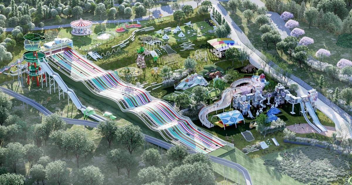 Proyecto de parque infantil tem&aacute;tico: vista a&eacute;rea del sitio completo con megagrupo de toboganes, pasarela y zona de acampada (renderizado del dise&ntilde;o)