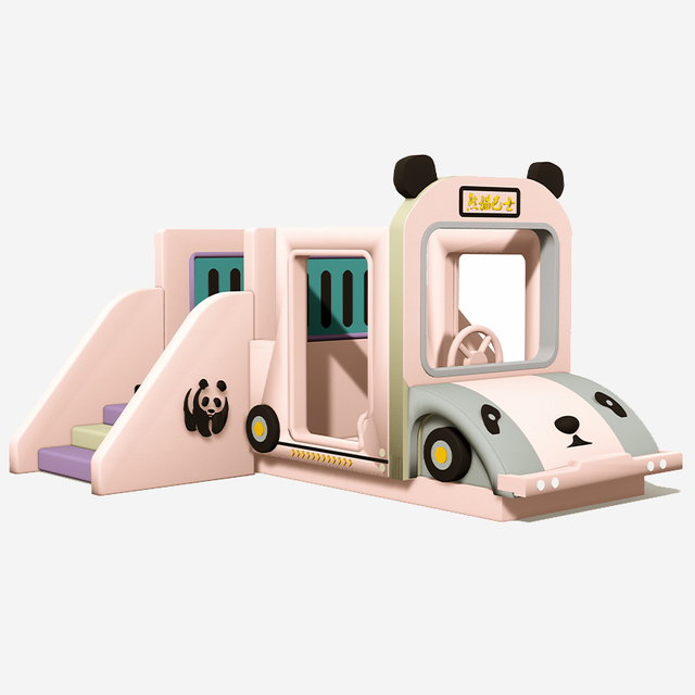 Escalador de juego suave para interiores con temática Panda Bus y tobogán