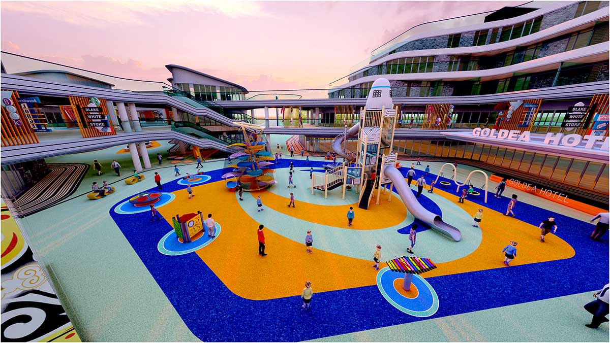 Equipos de entretenimiento comerciales sin motor instalados en un parque concurrido