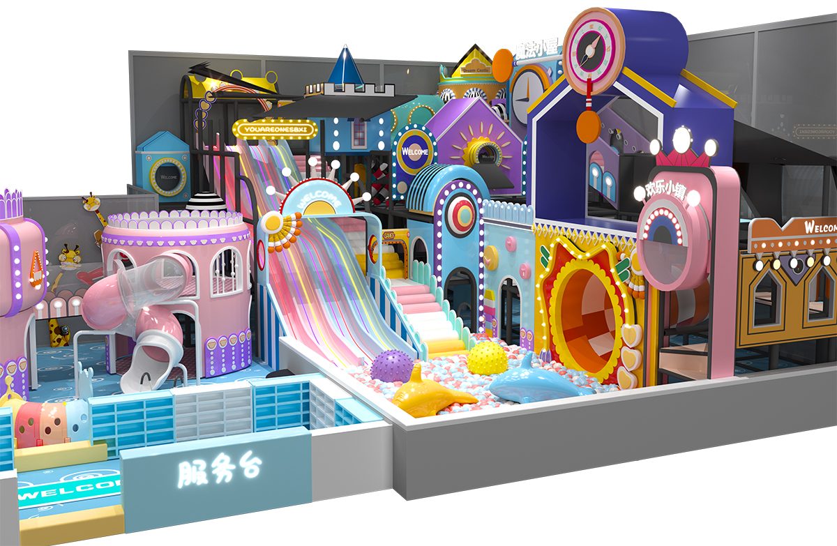 4.Patio de juegos interior con laberinto de colores pastel (2)