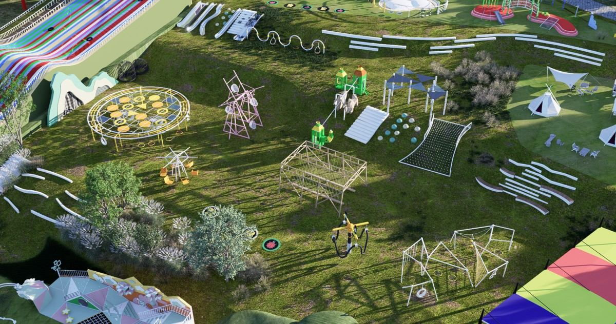 Proyecto de parque infantil tem&aacute;tico: vista a&eacute;rea del columpio de cuerda y del parque infantil con aros amarillos (representaci&oacute;n del dise&ntilde;o)