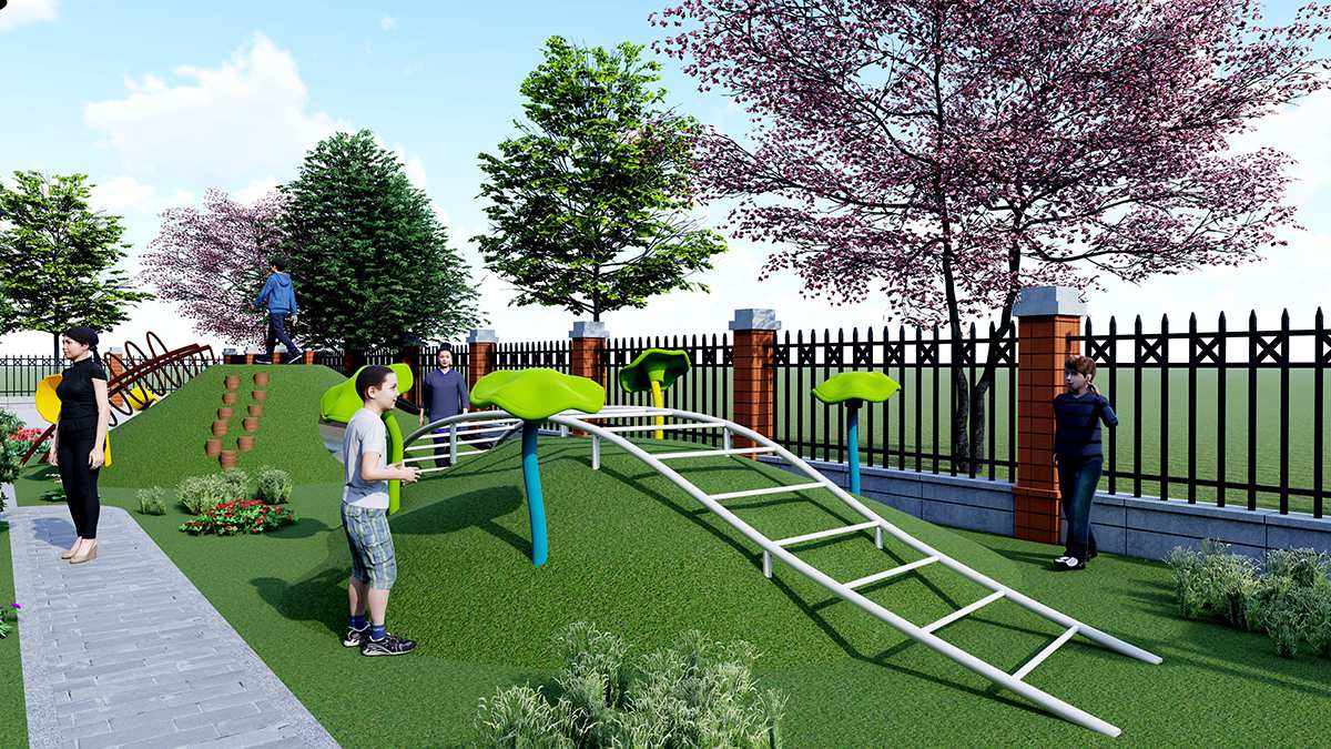 Pendiente de escalada en microterreno con escalera de juego para parque infantil comunitario