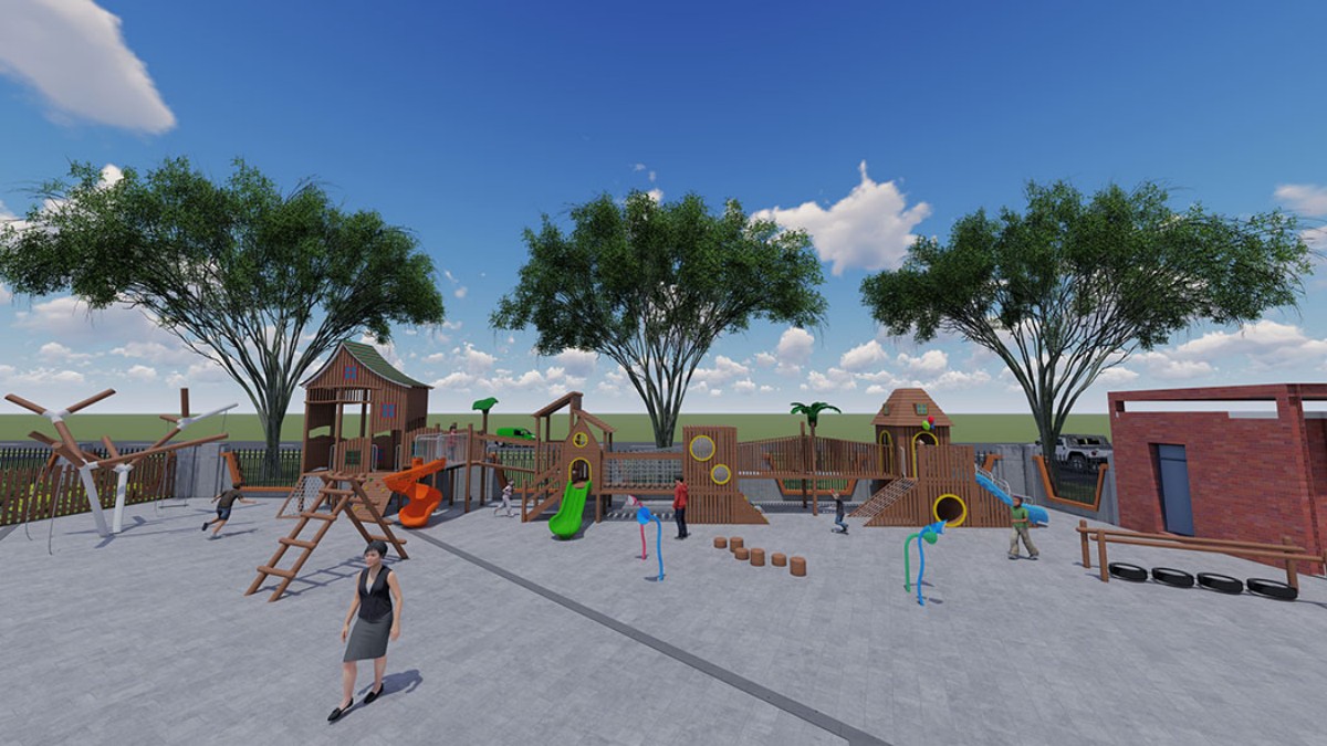 Tobog&aacute;n de madera combinado con casita de juego, escalada y t&uacute;nel