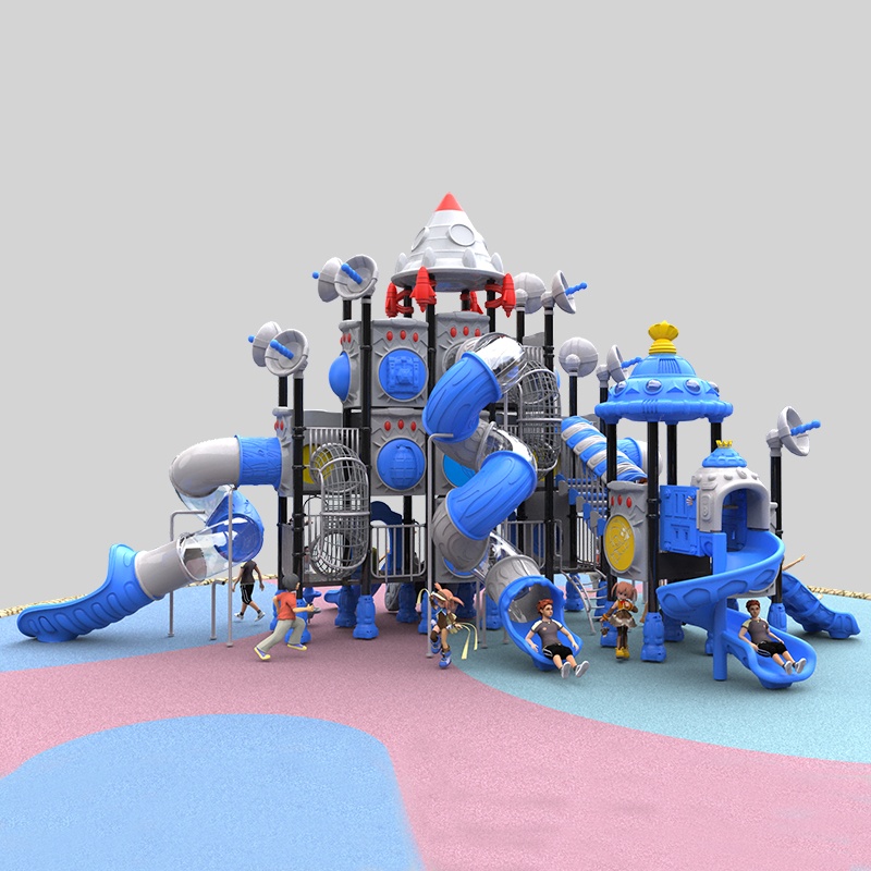 Divertido patio de recreo al aire libre que incluye toboganes para el tema espacial para parques
