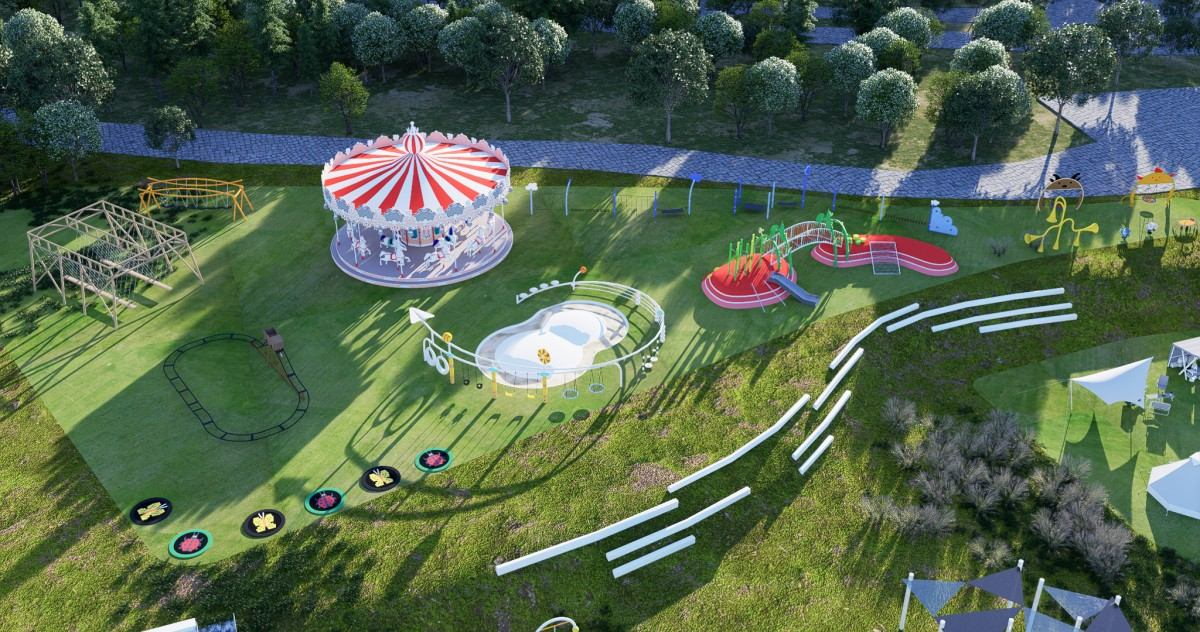 Proyecto de &aacute;rea de juegos tem&aacute;tica: carrusel de rayas rojas y blancas y plataforma de escalada roja visto desde arriba (representaci&oacute;n de dise&ntilde;o)