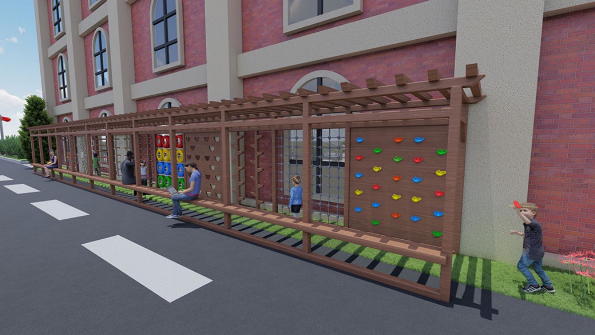 Muro de escalada multifuncional para el parque infantil integrado en el pasillo del jard&iacute;n de infantes