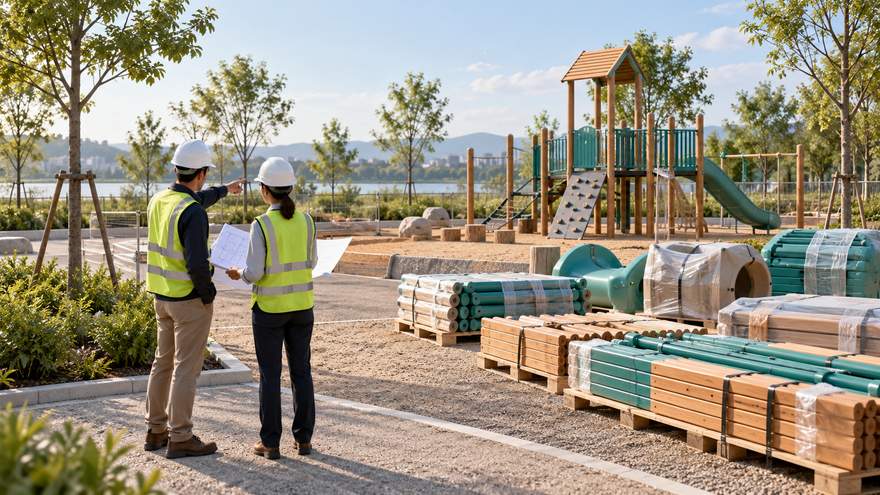 Concepto de coordinaci&oacute;n de entrega e instalaci&oacute;n de parques infantiles.