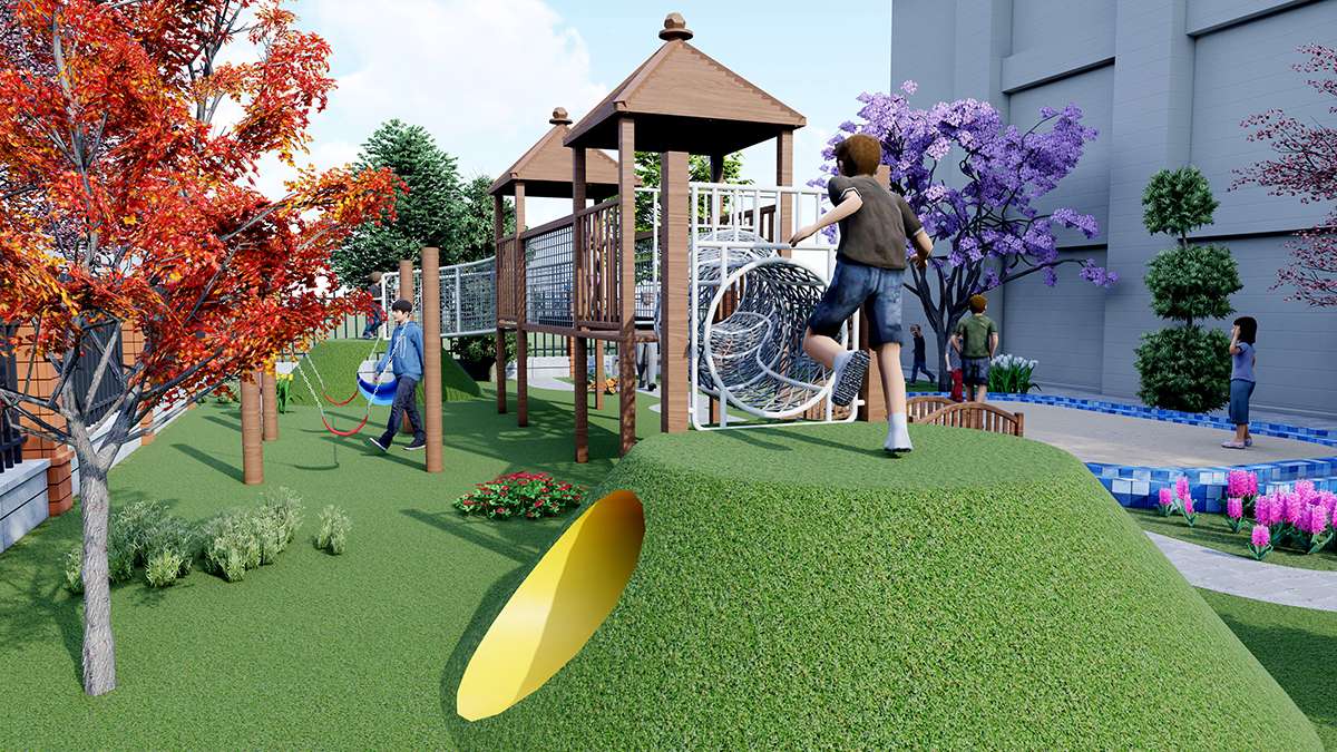 Parque infantil de madera para exterior para espacio de juego comunitario residencial