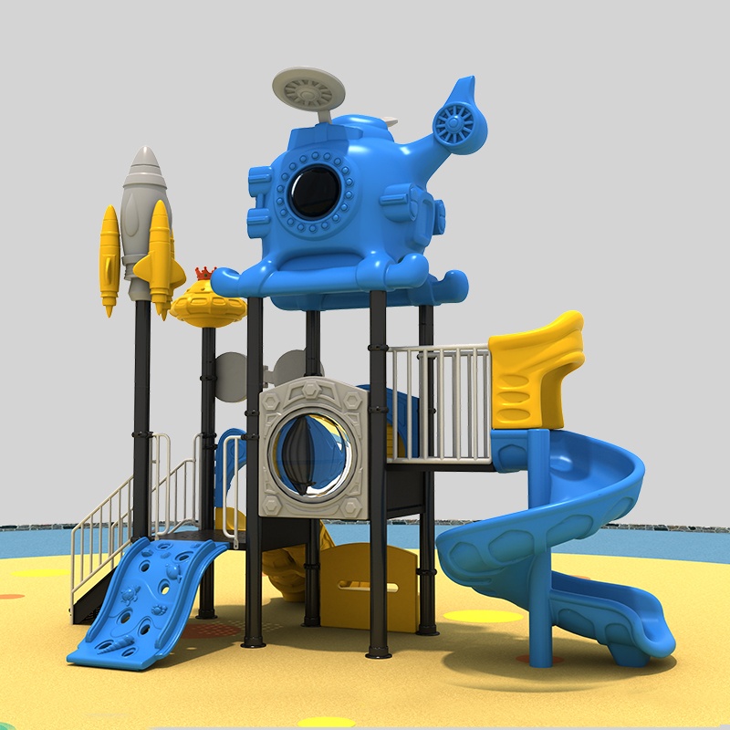 Diapositiva del patio de recreo para niños con emocionante escalada de buques de cohete