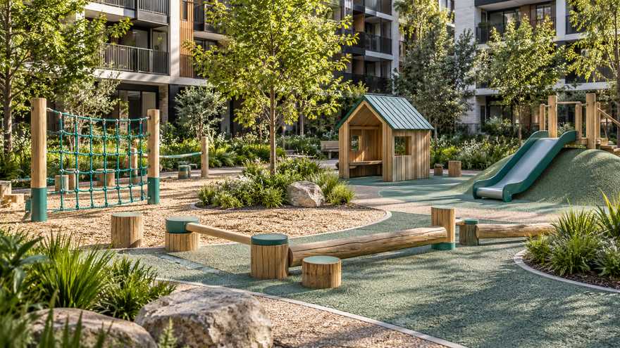 Diversas actividades de juego en un concepto de patio residencial.