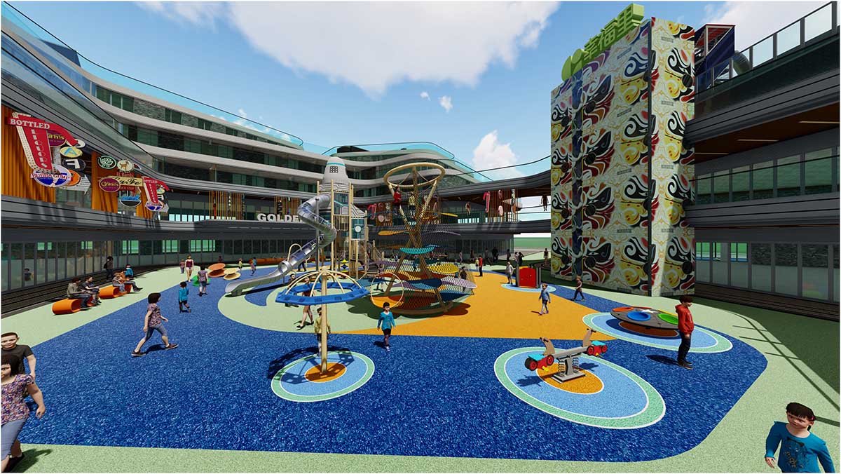 Equipos de entretenimiento comerciales sin motor instalados en un parque concurrido