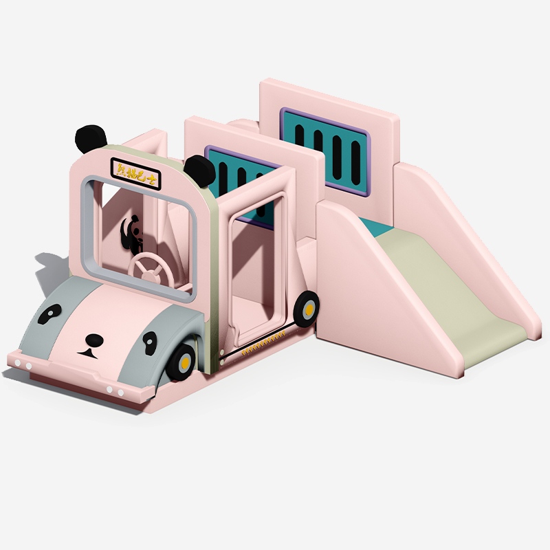 Escalador de juego suave para interiores con temática Panda Bus y tobogán